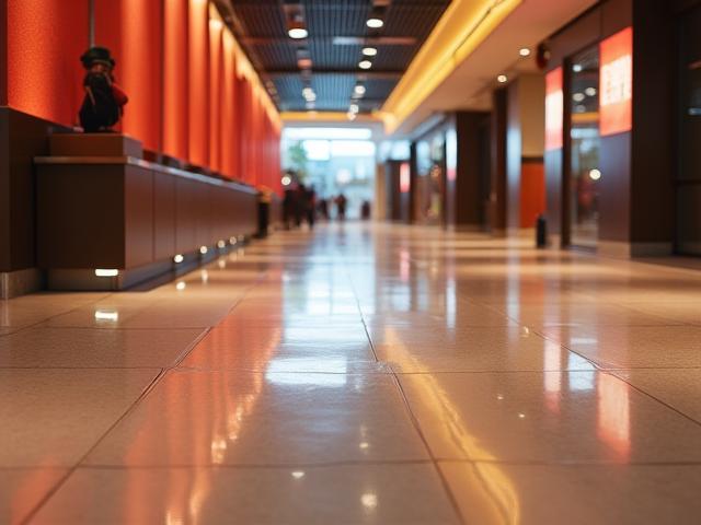 Cinema lobby floor after Al Salam polishing - gleaming and reflective.